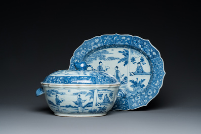 A large Chinese blue and white 'Xi Xiang Ji' tureen and cover on stand, Qianlong