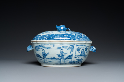 A large Chinese blue and white 'Xi Xiang Ji' tureen and cover on stand, Qianlong
