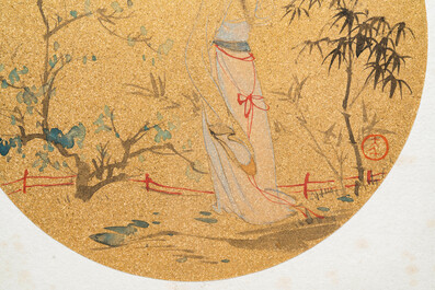 Suiveur de Zhang Daqian 張大千 (1898-1983): 'Beaut&eacute; dans le jardin', encre et couleurs sur papier dor&eacute;