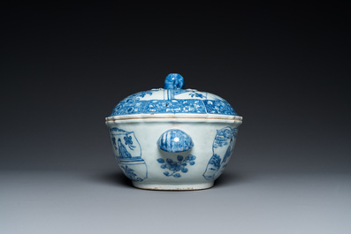 A large Chinese blue and white 'Xi Xiang Ji' tureen and cover on stand, Qianlong