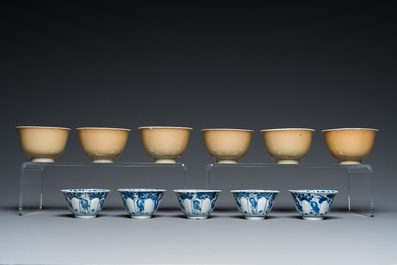 Eleven Chinese blue and white cups and ten saucers, Kangxi