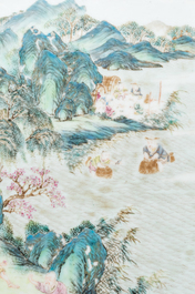 A Chinese famille rose plaque mounted as a table screen, Qianlong