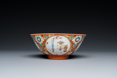 A Chinese famille rose coral-ground bowl, Yongzheng mark, Republic