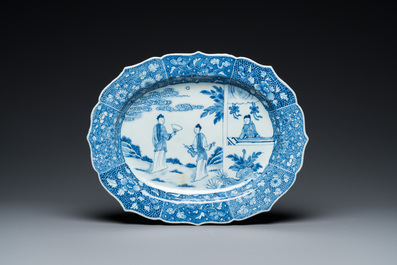 A large Chinese blue and white 'Xi Xiang Ji' tureen and cover on stand, Qianlong