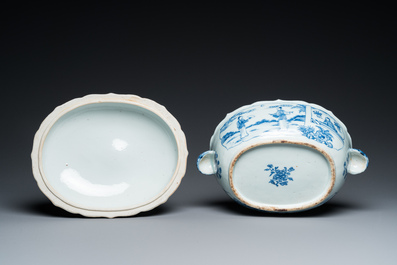 A large Chinese blue and white 'Xi Xiang Ji' tureen and cover on stand, Qianlong