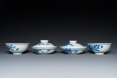 Een paar Chinese blauw-witte dekselkommen, een paar borden en zes kommen, Guangxu merk en periode