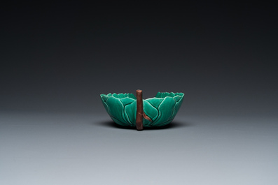 Three Chinese leaf-shaped brush washers in blue and white, blanc de Chine and sancai enamels, 18/19th C.