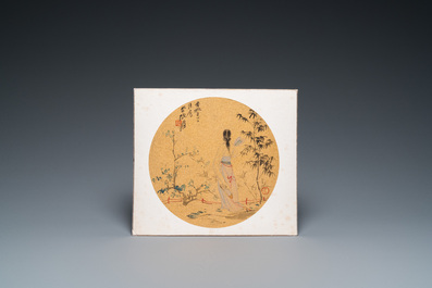 Suiveur de Zhang Daqian 張大千 (1898-1983): 'Beaut&eacute; dans le jardin', encre et couleurs sur papier dor&eacute;