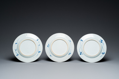 Two Chinese blue and white dishes and five plates with floral design, Kangxi