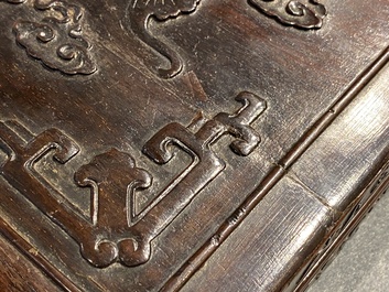 A Chinese partly zitan wood 'Five bats and Shou' box and cover, Qing