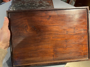 A Chinese partly zitan wood 'Five bats and Shou' box and cover, Qing