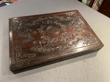 A Chinese partly zitan wood 'Five bats and Shou' box and cover, Qing