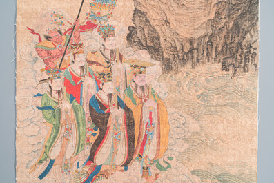 Chinese school: 'Bodhisattva looking over a group of deities', ink and colour on silk, Qing