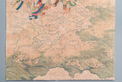 Chinese school: 'Bodhisattva looking over a group of deities', ink and colour on silk, Qing