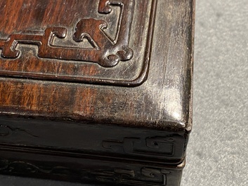 A Chinese partly zitan wood 'Five bats and Shou' box and cover, Qing
