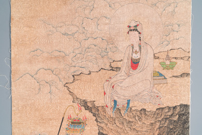 Chinese school: 'Bodhisattva looking over a group of deities', ink and colour on silk, Qing