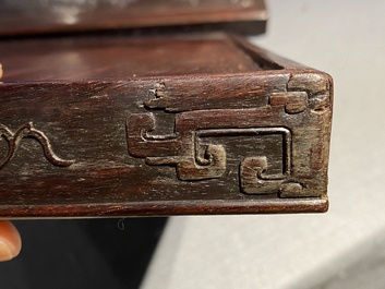 A Chinese partly zitan wood 'Five bats and Shou' box and cover, Qing