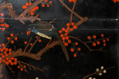 A Chinese painted wooden four-panel room divider, Qing