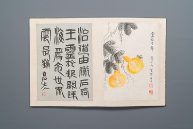 D'apr&egrave;s Qi Baishi 齊白石 (1864-1957): Album contenant 6 sujets floraux accompagn&eacute;s de calligraphie, encre et couleurs sur papier