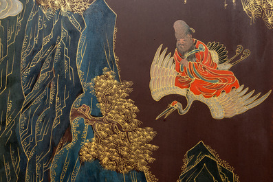 A Chinese painted wooden four-panel room divider, Qing