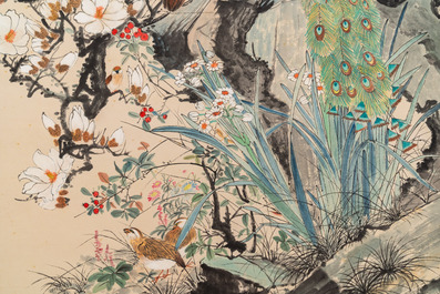 Yan Bolong 顏伯龍 (1898-1955): 'Peacocks and other birds among blossoming branches', ink and colour on paper