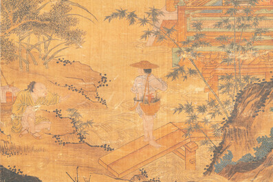 Ecole chinoise: 'Savants dans le pavillon', encre et couleurs sur soie, probablement Ming