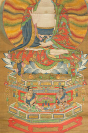 Chinese school: 'Buddha seated on a lotus throne', ink and colour on paper, 18th C.