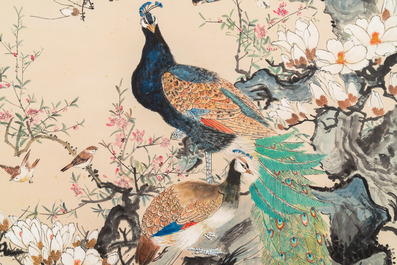 Yan Bolong 顏伯龍 (1898-1955): 'Peacocks and other birds among blossoming branches', ink and colour on paper