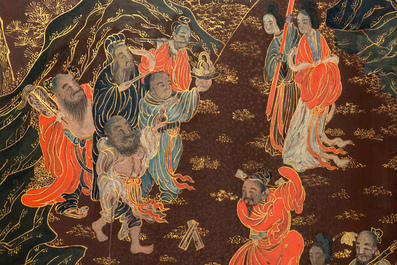 A Chinese painted wooden four-panel room divider, Qing