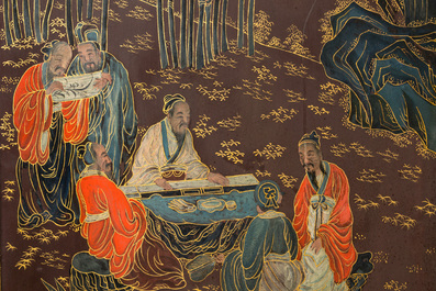 A Chinese painted wooden four-panel room divider, Qing