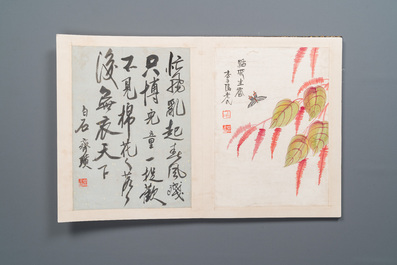 D'apr&egrave;s Qi Baishi 齊白石 (1864-1957): Album contenant 6 sujets floraux accompagn&eacute;s de calligraphie, encre et couleurs sur papier