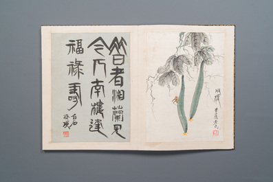 D'apr&egrave;s Qi Baishi 齊白石 (1864-1957): Album contenant 6 sujets floraux accompagn&eacute;s de calligraphie, encre et couleurs sur papier