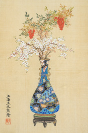 Wang Chengxun 王承勳 (19/20th C.): 'Birds and flower vases', ink and colour on silk, Republic