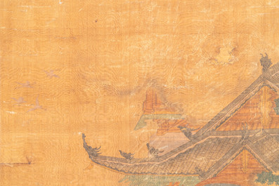 Ecole chinoise: 'Savants dans le pavillon', encre et couleurs sur soie, probablement Ming