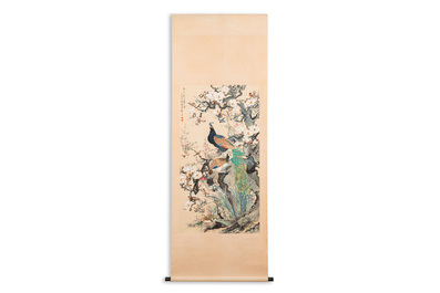 Yan Bolong 顏伯龍 (1898-1955): 'Peacocks and other birds among blossoming branches', ink and colour on paper