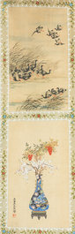 Wang Chengxun 王承勳 (19/20th C.): 'Birds and flower vases', ink and colour on silk, Republic