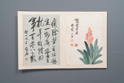 D'apr&egrave;s Qi Baishi 齊白石 (1864-1957): Album contenant 6 sujets floraux accompagn&eacute;s de calligraphie, encre et couleurs sur papier