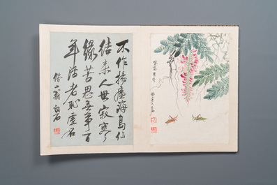 D'apr&egrave;s Qi Baishi 齊白石 (1864-1957): Album contenant 6 sujets floraux accompagn&eacute;s de calligraphie, encre et couleurs sur papier