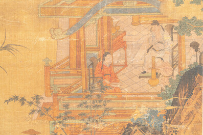 Ecole chinoise: 'Savants dans le pavillon', encre et couleurs sur soie, probablement Ming