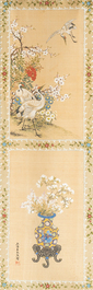 Wang Chengxun 王承勳 (19/20th C.): 'Birds and flower vases', ink and colour on silk, Republic