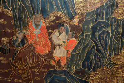 A Chinese painted wooden four-panel room divider, Qing
