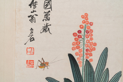 D'apr&egrave;s Qi Baishi 齊白石 (1864-1957): Album contenant 6 sujets floraux accompagn&eacute;s de calligraphie, encre et couleurs sur papier