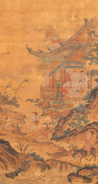 Ecole chinoise: 'Savants dans le pavillon', encre et couleurs sur soie, probablement Ming