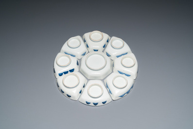 A Japanese blue and white Arita nine-piece sweetmeat set in its original lacquer box, Edo, 17/18th C.