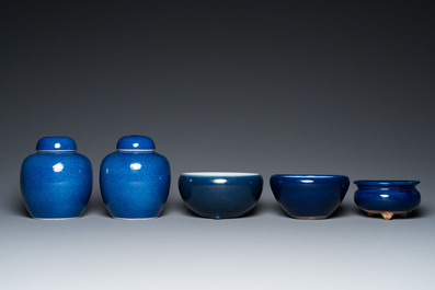 A pair of Chinese powder-blue-glazed jars and covers and three censers, 19/20th C.