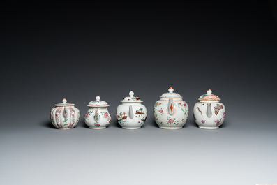 Five Chinese famille rose teapots, Yongzheng/Qianlong