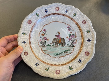 A Chinese famille rose Indian market plate with an elephant and rider, Qianlong