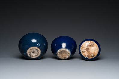 A pair of Chinese powder-blue-glazed jars and covers and three censers, 19/20th C.