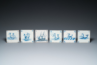 Six Duch Delft blue and white tiles with sea monsters and a ship, 17th C.