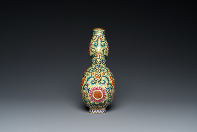 A Chinese yellow-ground famille rose moonflask vase, 'bianhu', Qianlong mark, Republic